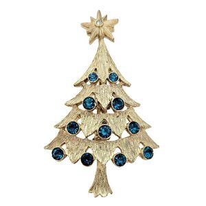 Gold Tone Robin's Egg Blue Rhinestones Christmas Tree Brooch